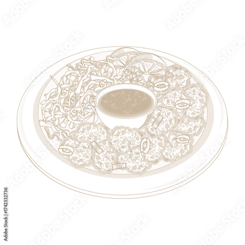 Vector Illustration Logo Line art Crispy Chicken Karaage on a Plate 