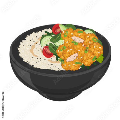 Vector Illustration Logo Clipart Crispy Karaage Don or Chicken Karaage Japanese Fried Chicken Rice Bowl