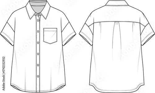 Short sleeve button up shirt, front and back flat sketch, fashion technical drawing, apparel design template, clothing vector illustration, garment construction