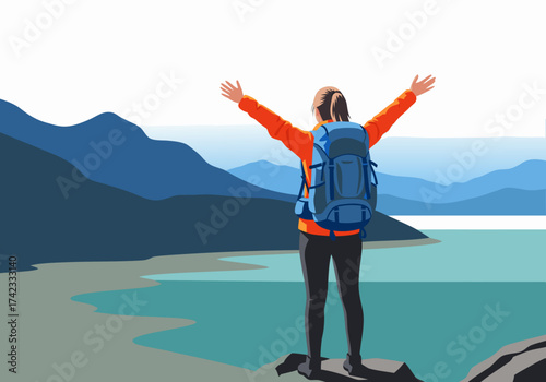 Joyful backpacker embracing achievement on mountain peak, arms outstretched with panoramic lake and nature views