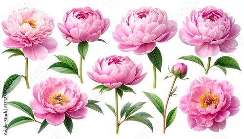 Realistic cluster of pink peony blooms, petals, stems and leaves