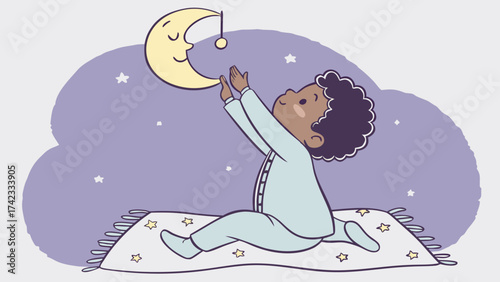Baby in pajamas reaching up toward smiling moon at night