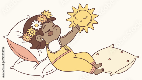 Cute baby girl with flower crown holding the smiling sun
