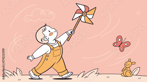 Baby boy with pinwheel having fun outdoors in the sunlight