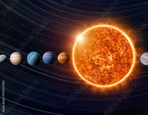 Solar system concept image with planets in orbit around the sun, representing cosmic beauty, astronomy, and wonder.
