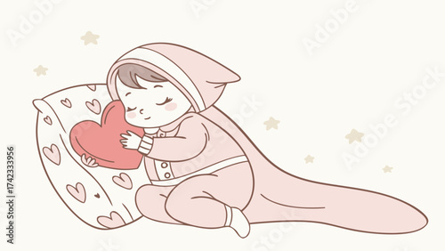 Baby girl asleep in pink romper with heart pillow