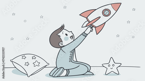 Young baby boy playing with toy rocket in space themed art