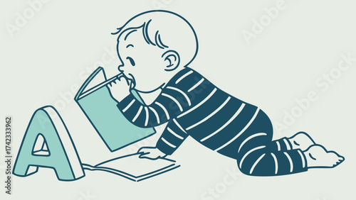 Baby in striped onesie reading and biting a book