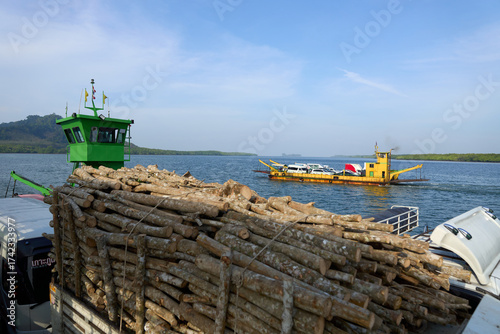 Pile of stacked logs in a ferry
