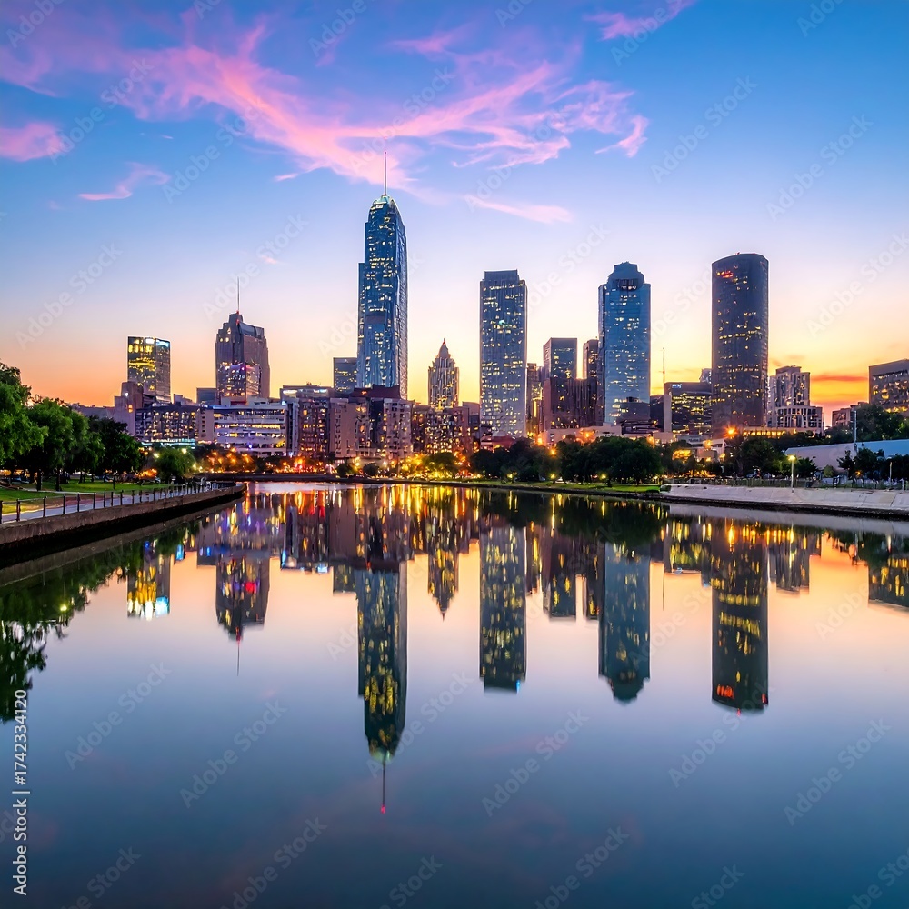 Fototapeta premium City skyline at dusk with river reflection