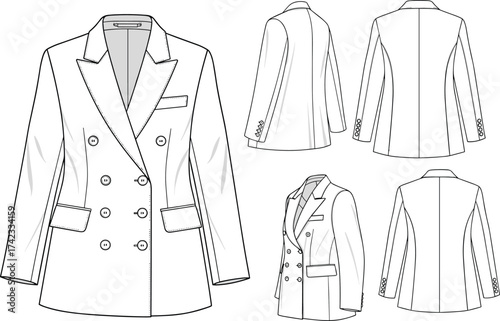 Technical fashion illustration, double breasted blazer, tailored jacket design, notched lapel, garment construction, couture sketch, menswear style, professional clothing, pattern making