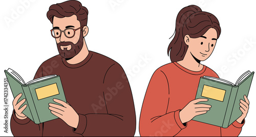 Cartoon couple reading books, calm lifestyle illustration, studious people learning, cozy reading moment, modern education concept, peaceful knowledge sharing activity