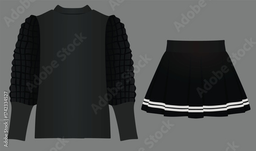 Puff sleeve v neck t shirt and mini skirt. vector	