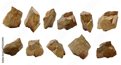 Brown stones and pebbles isolated on white background, natural gravel texture for construction and decoration, rough surface macro closeup. /set of dried leaves