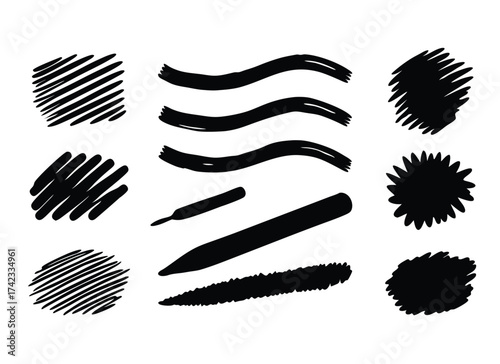 Hand drawn Crayon brush underline stroke set. Chalk mark brush line paint stroke. Hand drawn grunge texture charcoal pencil underline. Chalk pastel, flat illustration set. Free Vector