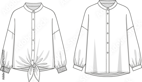 Technical fashion illustration, women’s blouse design, tie front hem, curved hemline, button up shirt, long sleeves, gathered cuffs, couture sketch