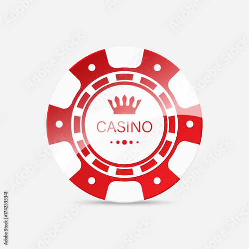 The round red casino chip. Gambling chips. Red 3d chips highlighted on a white background. Vector illustration