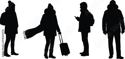 Winter silhouettes illustration, people in coats, cold weather fashion, travel scene, urban lifestyle, seasonal clothing, suitcase, hats, scarves, accessories