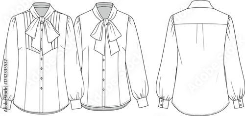 Women blouse sketch, bow tie neckline fashion design, pleated front blouse, button down garment, yoke back shirt, clothing technical drawing