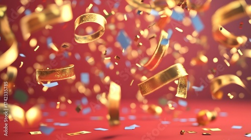 Elegant festive celebration with falling gold ribbons and confetti on red background
