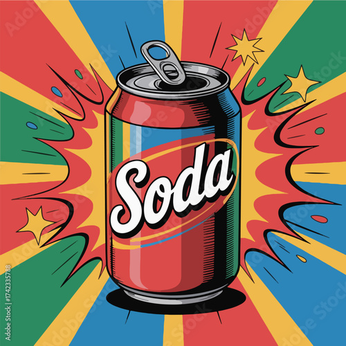etro Soda Can with Vibrant Background – Colorful Pop Art Style Beverage Illustration for Vintage Drink and Advertising Design