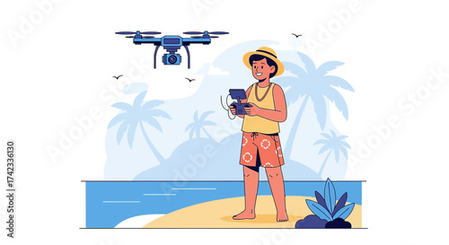 A young man piloting a drone on a tropical beach with palm trees backdrop enjoying summer vacation