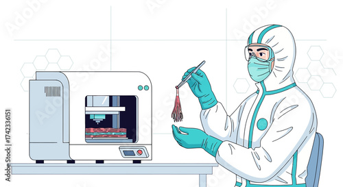 Bio Printing 3D human tissue samples in a lab with a scientist wearing protective gear and mask