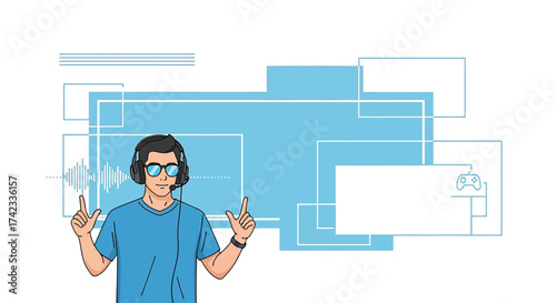 Cartoon gamer wearing headset gesturing against abstract digital background interface