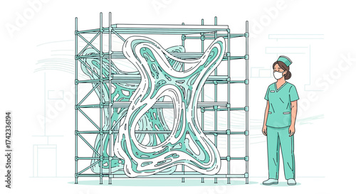 Conceptual illustration of a masked nurse observing the construction of an abstract medical