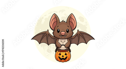 Cute cartoon bat carrying a jack-o'-lantern against the backdrop of a full moon illustration