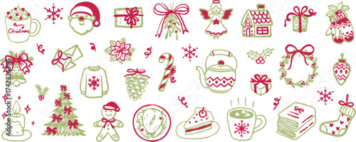 Christmas doodle set – hand drawn seasonal line art with Santa claus, ornaments, Christmas tree, ginger bread, gift boxes, glove, and cozy elements for seamless pattern, banner or printing. Vector ill