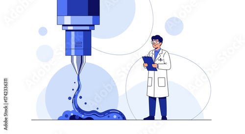 Illustration of a 3D printing process in a laboratory setting with a scientist