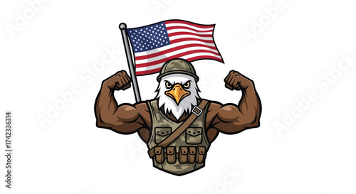 Illustration of muscular eagle soldier with the United States flag embodies patriotism