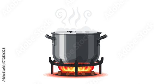 Illustration of a simmering pot on a portable gas stove with visible steam and fire
