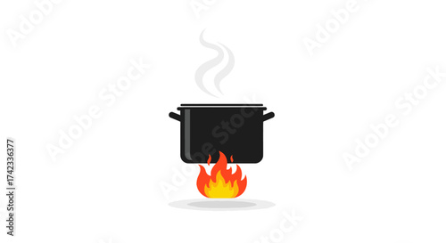 Stylized illustration of a cooking pot on fire with steam rising upwards design