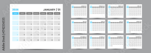 2026 Calendar. 12 Pages for 2026 Monthly Calendar. Clean and Simple Template and one page wall calendar template Design ready to print. 