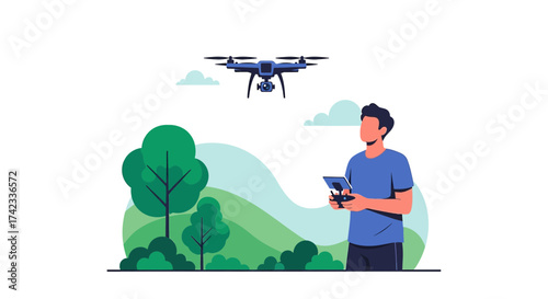 Man operating drone in nature, showcasing technology and outdoor activities, a modern illustration