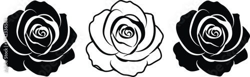 Rose flower illustration set with silhouette, outline, and filled styles, floral vector artwork for decoration, tattoo design, romantic graphic elements