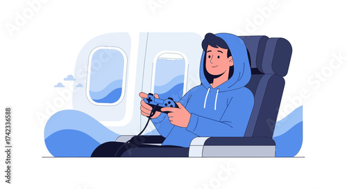 Man playing video games on a plane, enjoying inflight entertainment with a controller