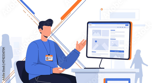 Professional explaining website design and presenting business solutions with his computer in the