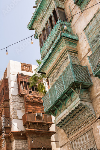 Wooden covered balconies in the historic center of Al Balad in Jeddah, typical of Hijazi architecture