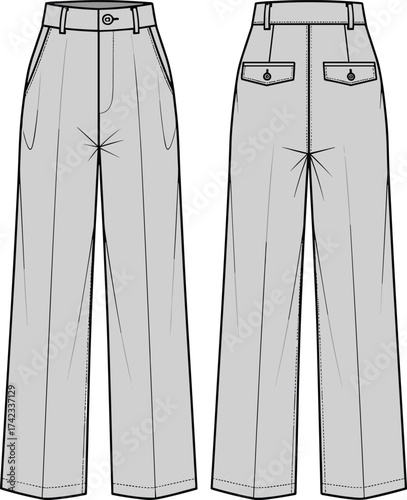 Women tailored trousers, high waist fashion sketch, wide leg pants design, belt loop garment, welt pocket trousers, clothing technical drawing    