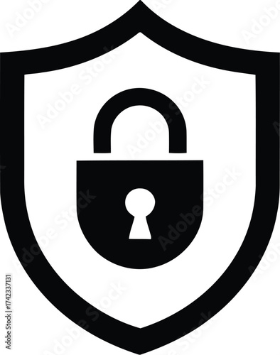 Black outline shield with padlock icon representing online security, data protection, cyber safety, privacy defense, secure access, and network encryption concept illustration