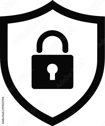 Black outline shield with padlock icon representing online security, data protection, cyber safety, privacy defense, secure access, and network encryption concept illustration