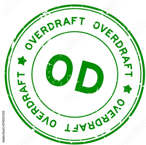 Grunge green OD overdraft word round rubber seal stamp on white background