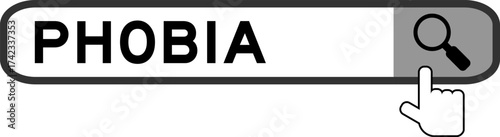 Search banner in word phobia with hand over magnifier icon on white background