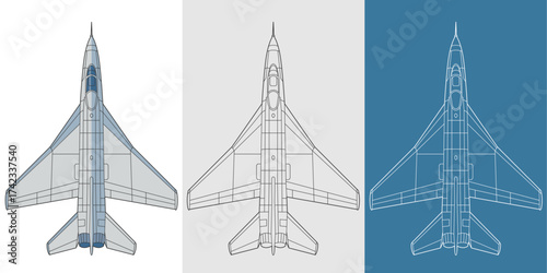 Set shenyang j 5 military aircraft design in blueprint, lineart and colored style from top view. Vector illustrations colorful fighter jet. Chinese modern combat warplane.
