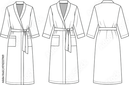Women’s bathrobe with shawl collar, technical fashion illustration, apparel design sketch, garment construction drawing, belted clothing design, patch pocket loungewear