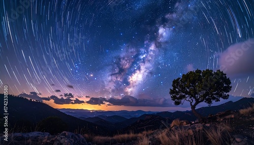 Night sky panorama with star trails and a solitary tree