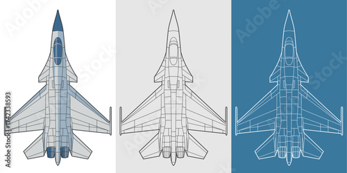 Set shenyang j 15 military aircraft design in blueprint, lineart and colored style from top view. Vector illustrations colorful fighter jet. Chinese modern combat warplane.